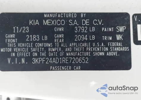 2024 Kia Forte Lxs z USA, uszkodzony, nr VIN 3KPF24AD1RE720652